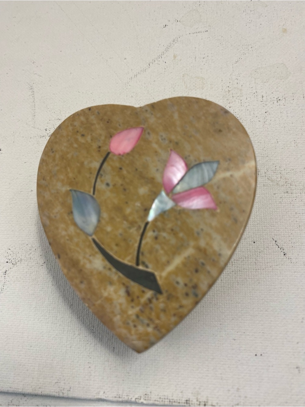 Vintage Heart Shaped Stone Trinket Box with Inlaid Pink and Blue made in India